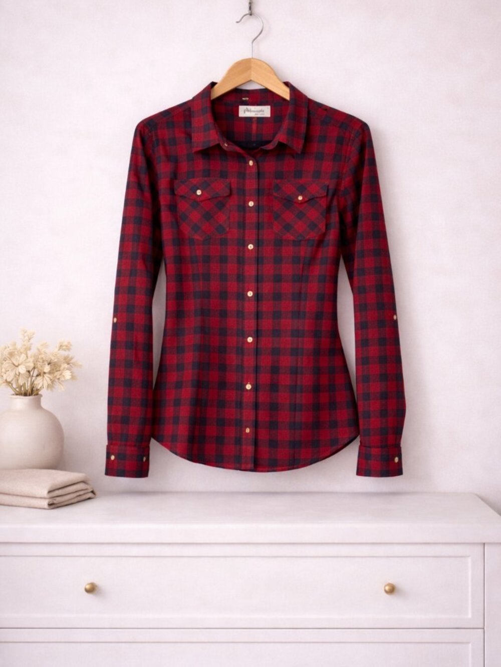 Obey Plaid Button Down Shirt Red Black Fitted Cotton Women’s Large - Picture 6 of 6